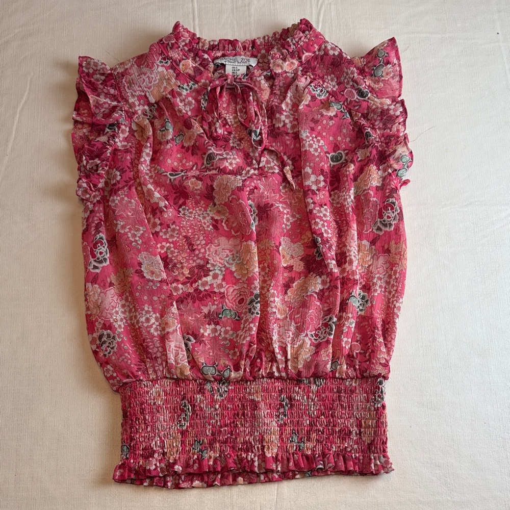 Rachel Zoe Women's Pink Floral Sleeveless Ruffle Blouse Front Tie Size S
